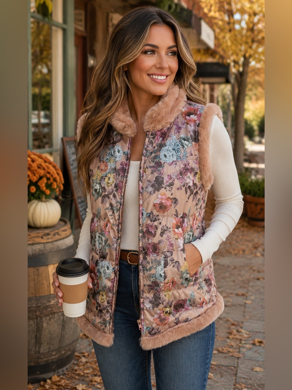 Bagatelle Reversible Floral Faux-Fur Zip-Up Sweater Vest Boho Cottagecore Size M